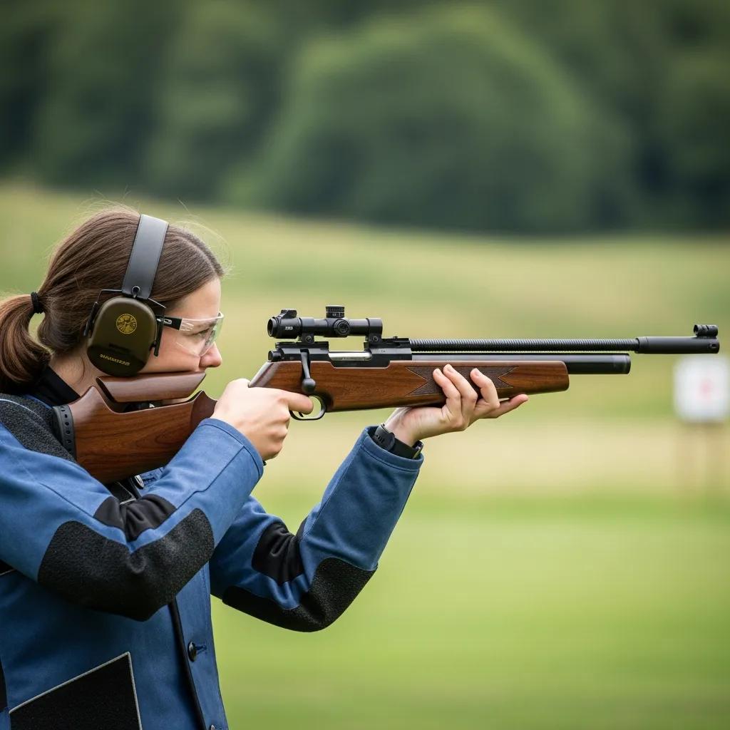 Beginner shooter with a spring-piston air rifle in a natural outdoor setting