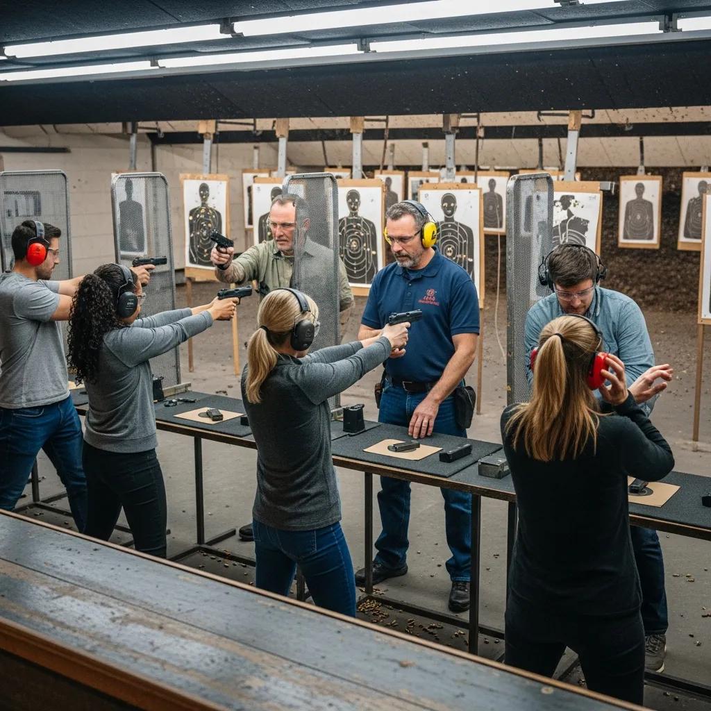 Beginners participating in a shooting training session with an instructor at a gun shop