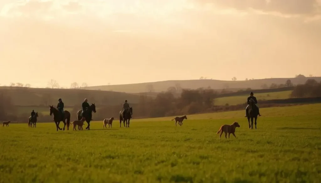 Riders on horseback and dogs walking across a green field at sunset.