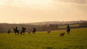 Riders on horseback and dogs walking across a green field at sunset.