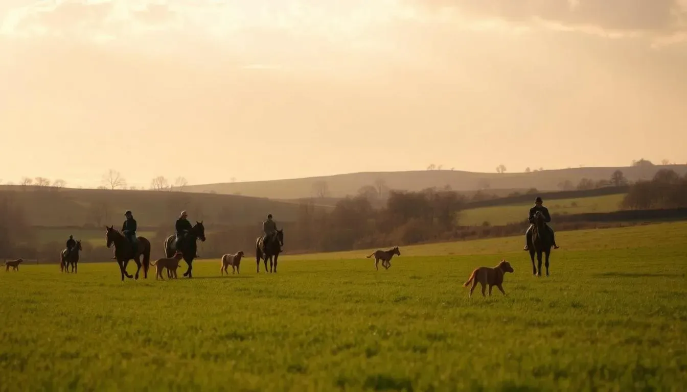 Riders on horseback and dogs walking across a green field at sunset.
