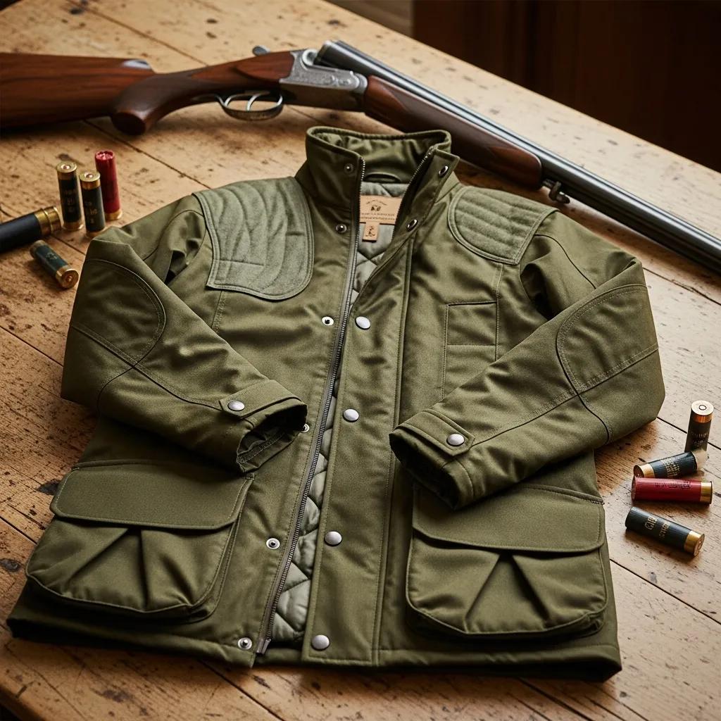 Close-up of a shooting jacket highlighting its essential features