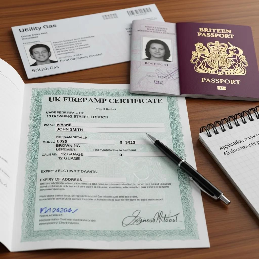 Close-up of firearm licensing documents including a firearm certificate and identification