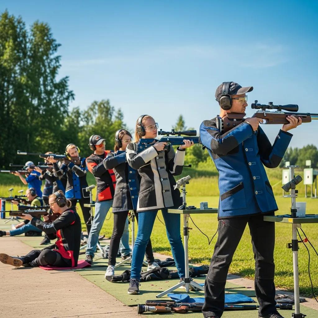 Group of air rifle shooters at a range, showcasing safety gear and rifles