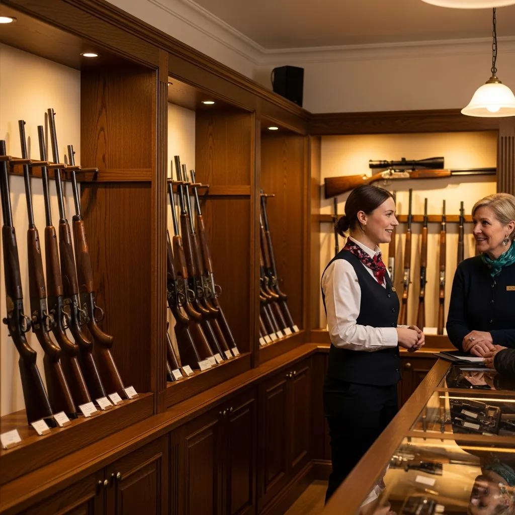 Interior of a traditional UK gun shop with firearms on display and staff assisting customers