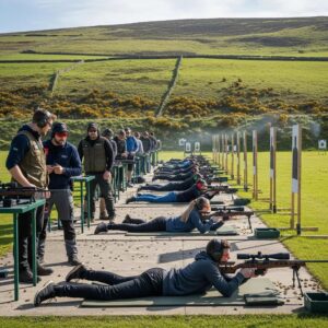 Outdoor shooting range in North Wales with diverse participants and scenic countryside