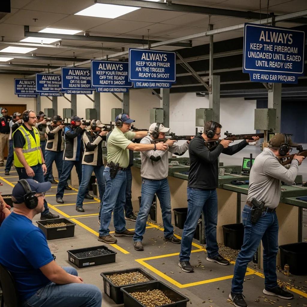 Respectful shooting range with shooters practicing and following etiquette