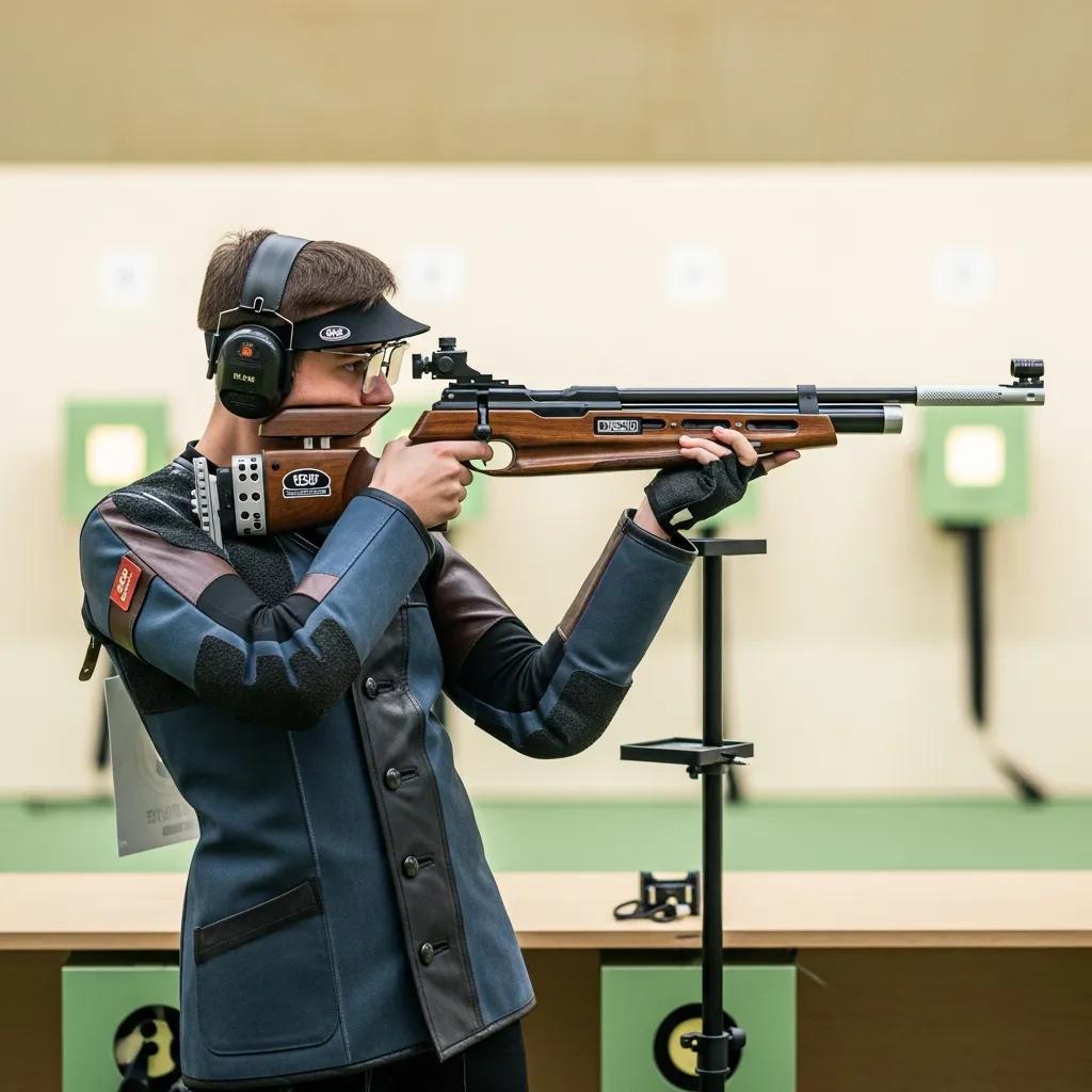 Shooter demonstrating proper stance and grip with an air rifle at a shooting range