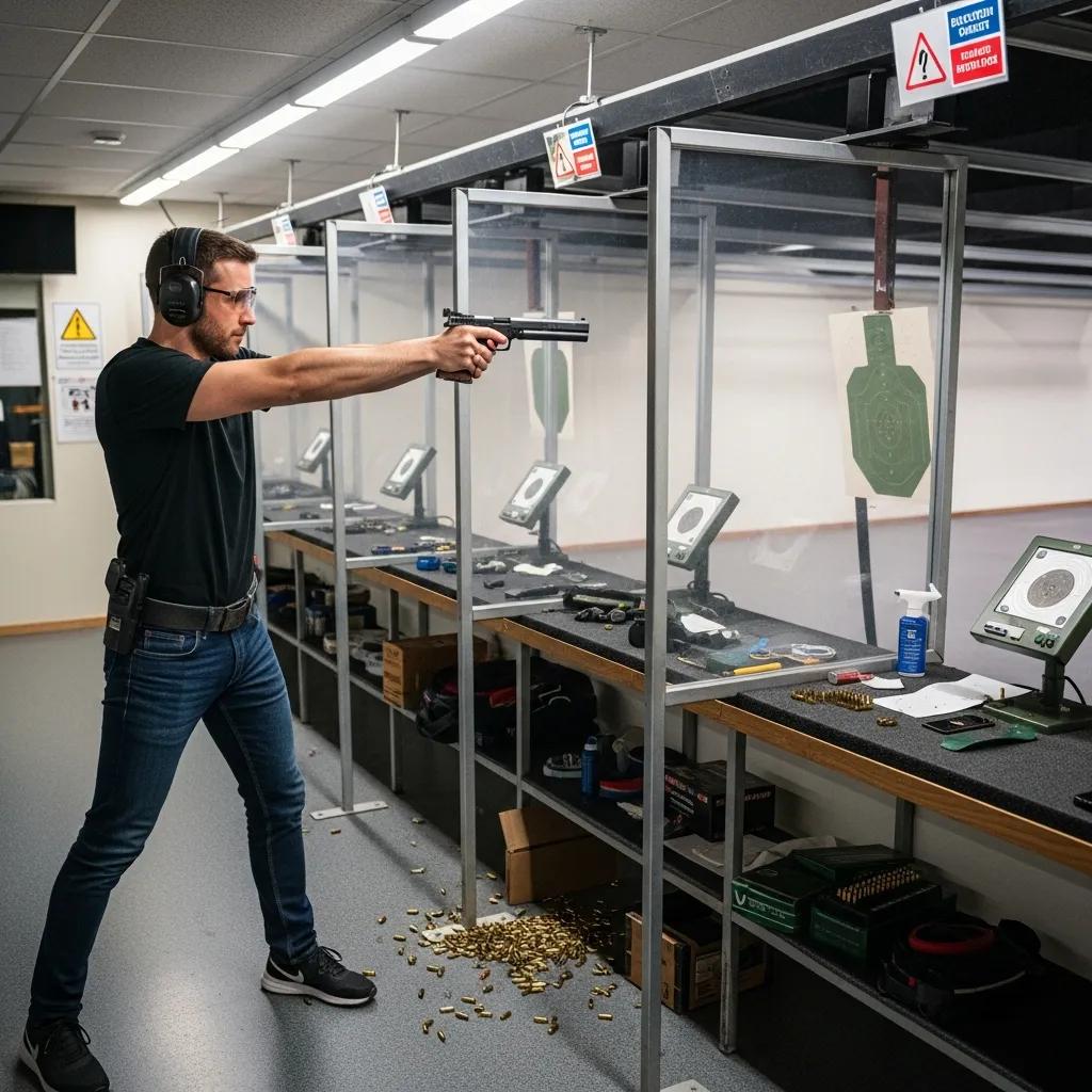 Shooter practicing at an indoor shooting range, highlighting focus and technique