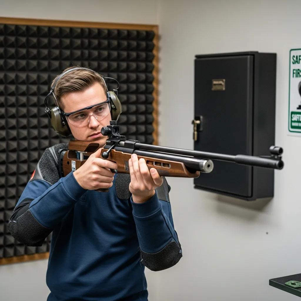 Shooter practicing safe handling of an air rifle with safety gear