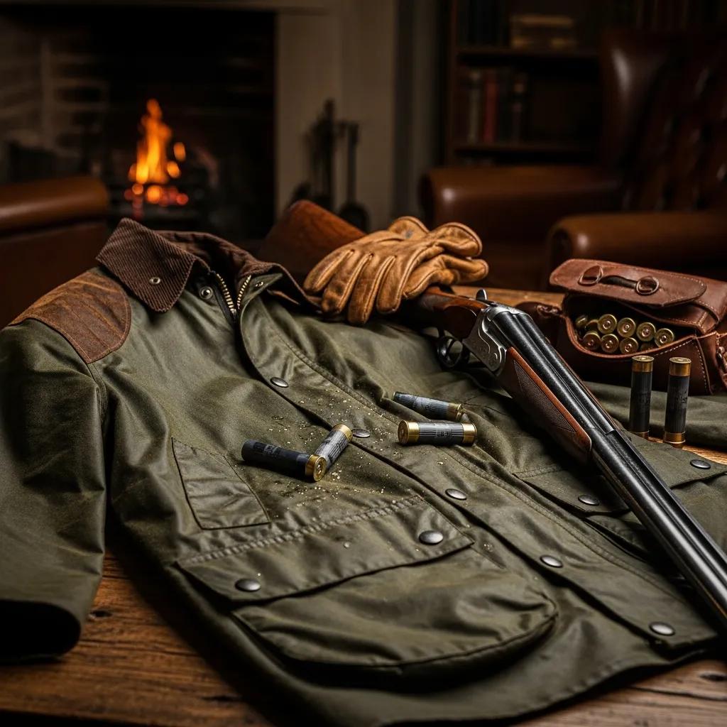 Close-up of a Barbour shooting jacket with shooting accessories on a rustic wooden table
