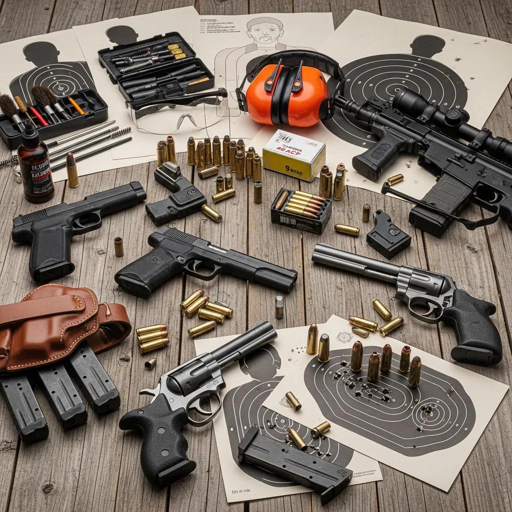 Essential shooting range equipment including firearms, ammunition, and safety gear