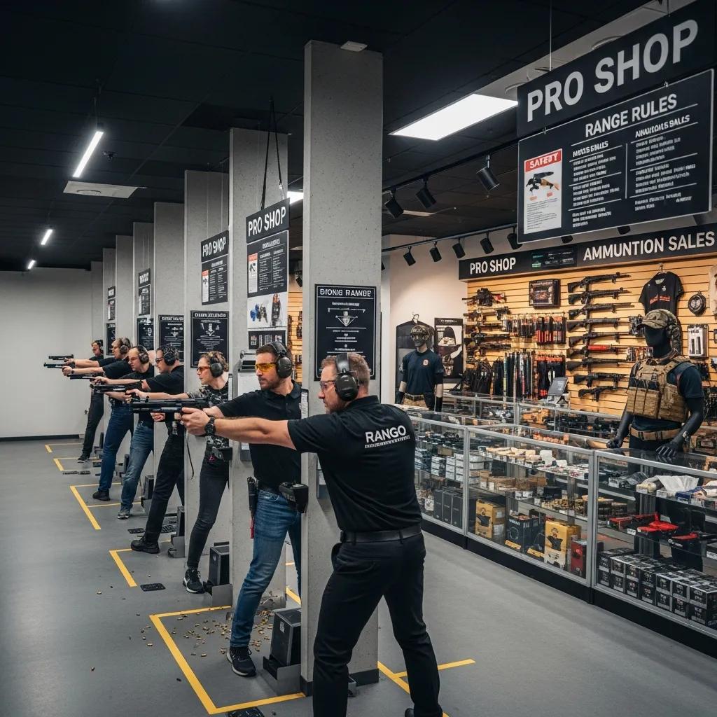 Indoor shooting facilities and pro shop at a shooting range with instructors and beginners