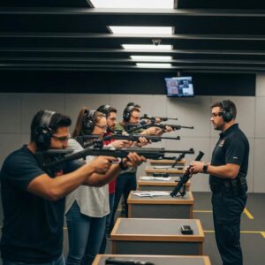 Indoor shooting range with first-time shooters and an instructor, highlighting safety and excitement
