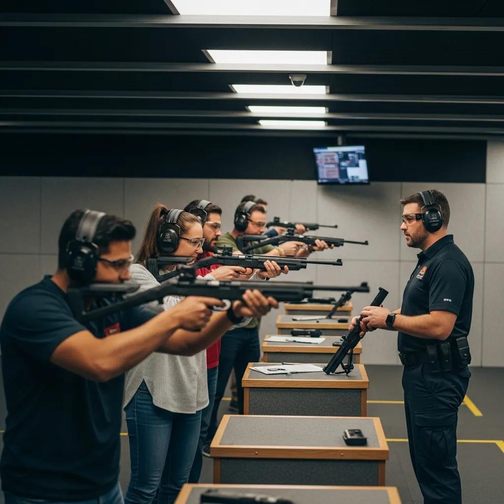 Indoor shooting range with first-time shooters and an instructor, highlighting safety and excitement