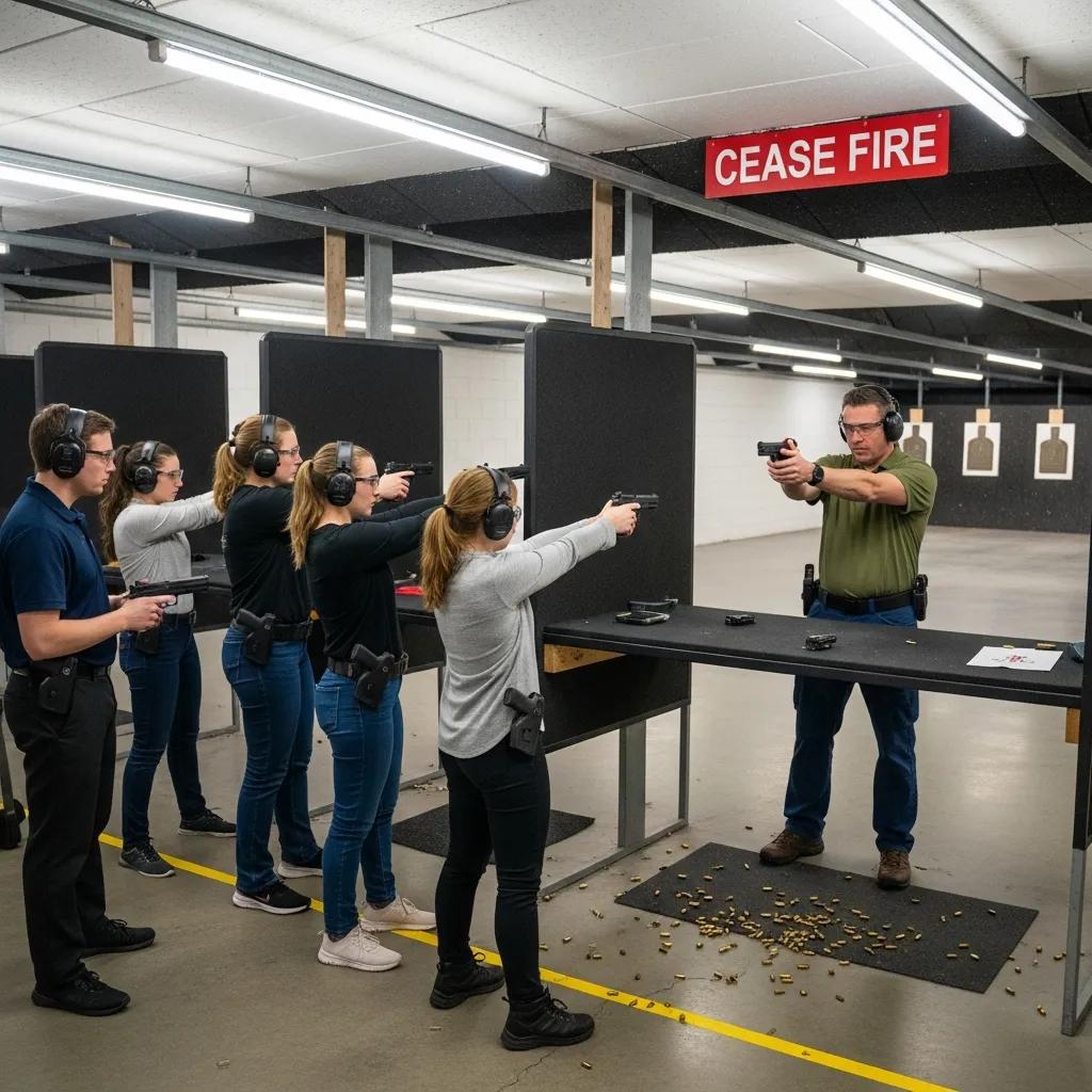 Instructor teaching a firearms training course with students practicing shooting techniques