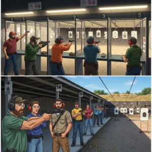 Shooting enthusiasts practicing at a professional shooting range with safety gear
