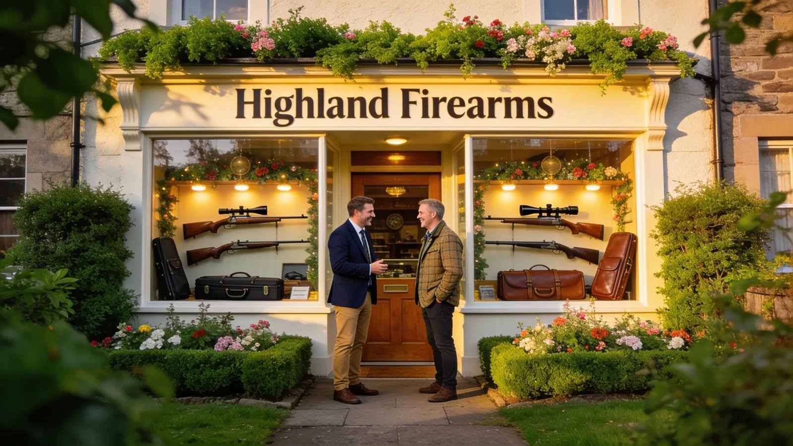 Outdoor view of a licensed gun shop in the UK with welcoming appearance and shooting gear displays