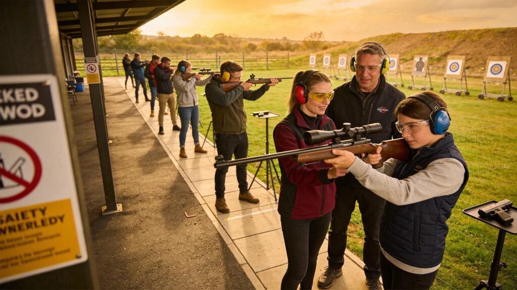 Shooting range in Wrexham with diverse participants engaging in shooting sports