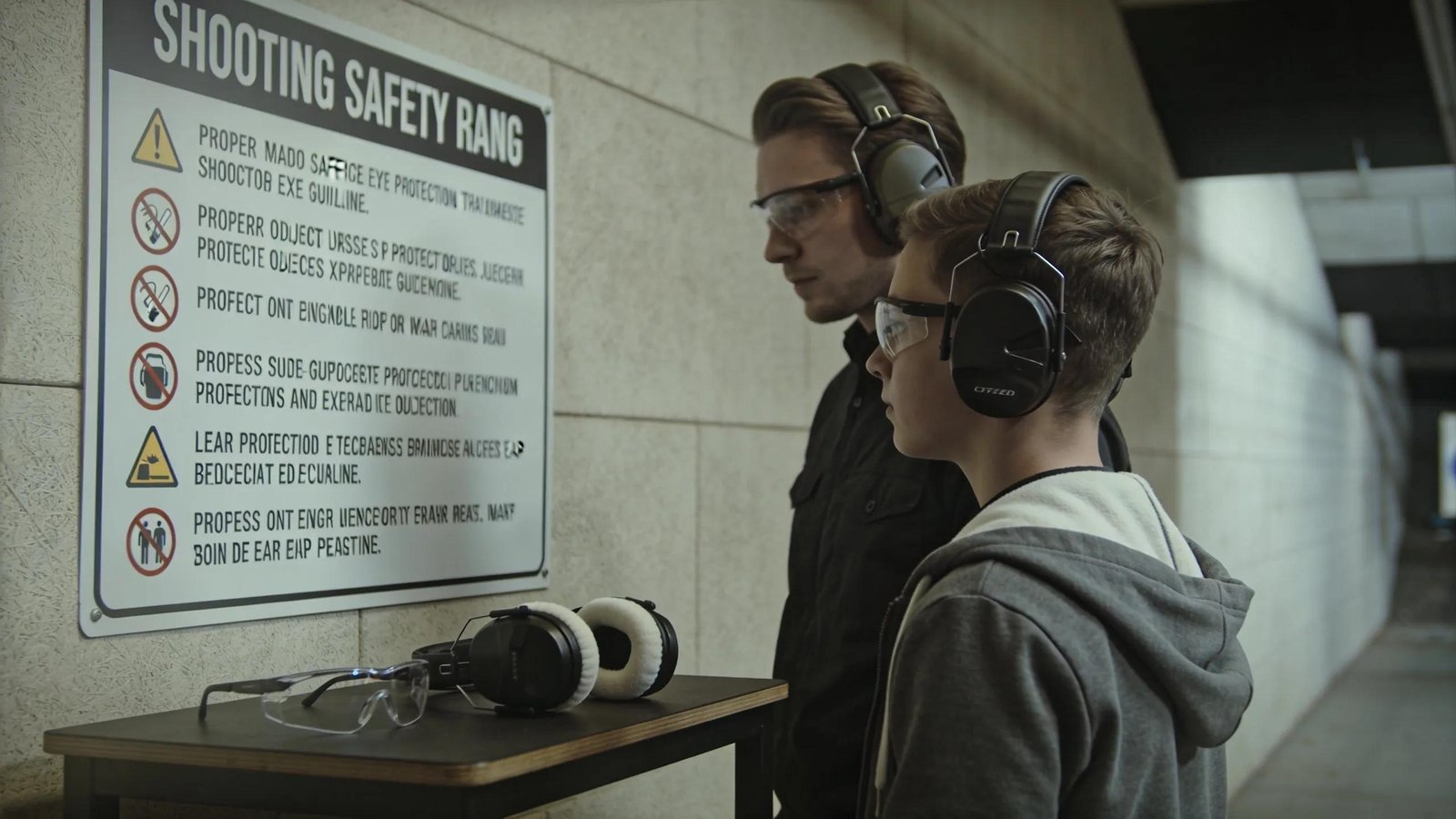 Safety regulations at shooting range emphasizing protective gear and guidelines