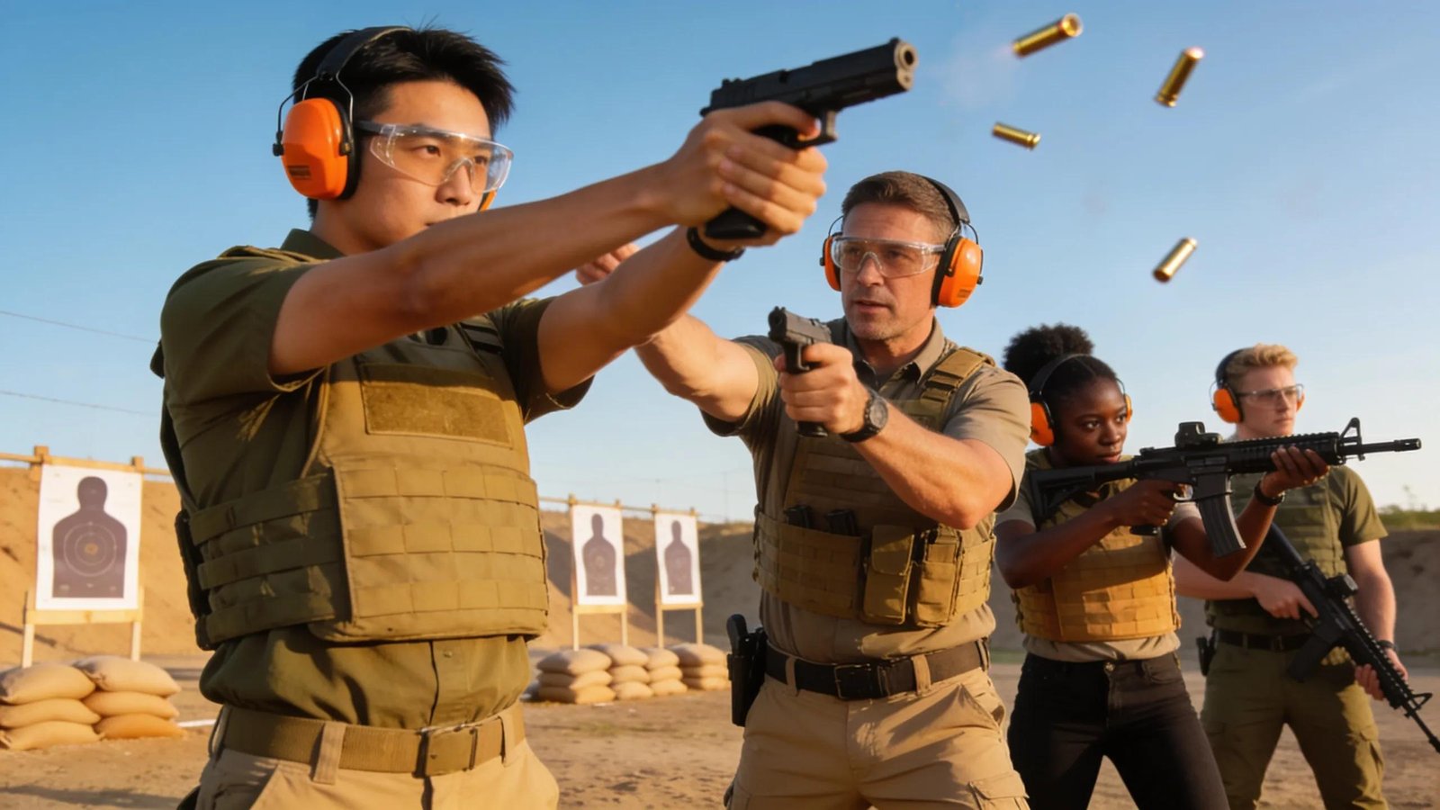 Group of individuals engaged in shooting training session outdoors with a professional instructor