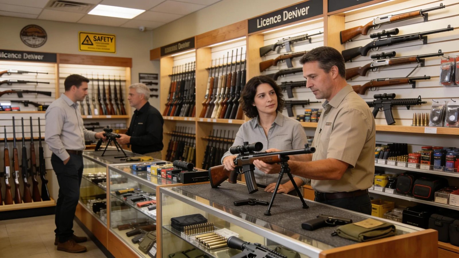 Interior of a licensed firearms dealer showing diverse product range and attentive customer service