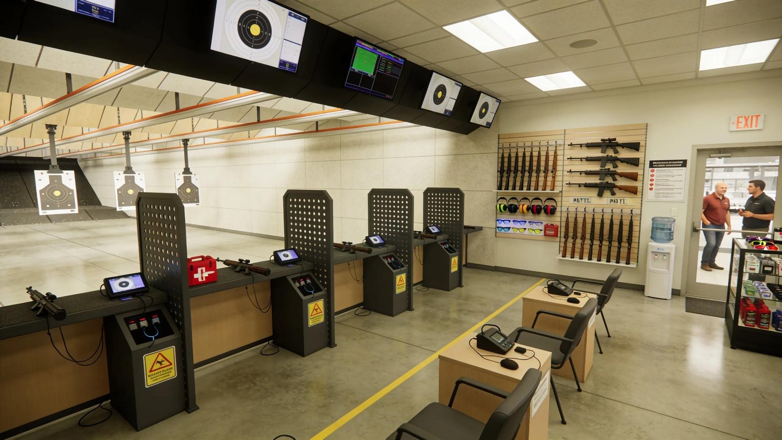 Interior view of a well-equipped air rifle range with shooting facilities